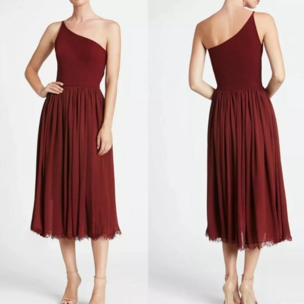 (A5)NEW Dress the Population Burgundy Eliza One Shoulder Midi Formal Dress, Sz S